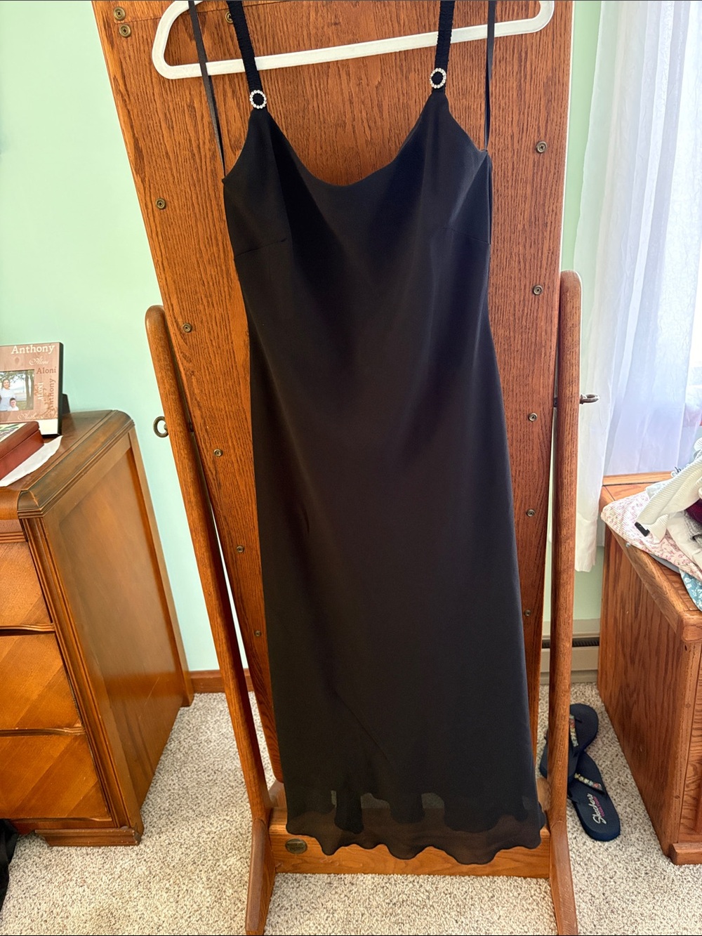 connected apparel Black Midi Slip Dress with Scalloped Hem